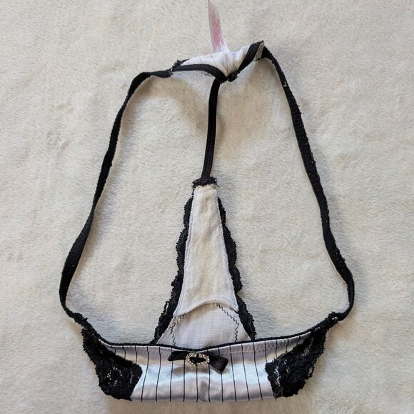 Lace Satin Bow G-String Thong Panties Women's Large Pink Black Sparkly Y2K - Picture 4 of 8